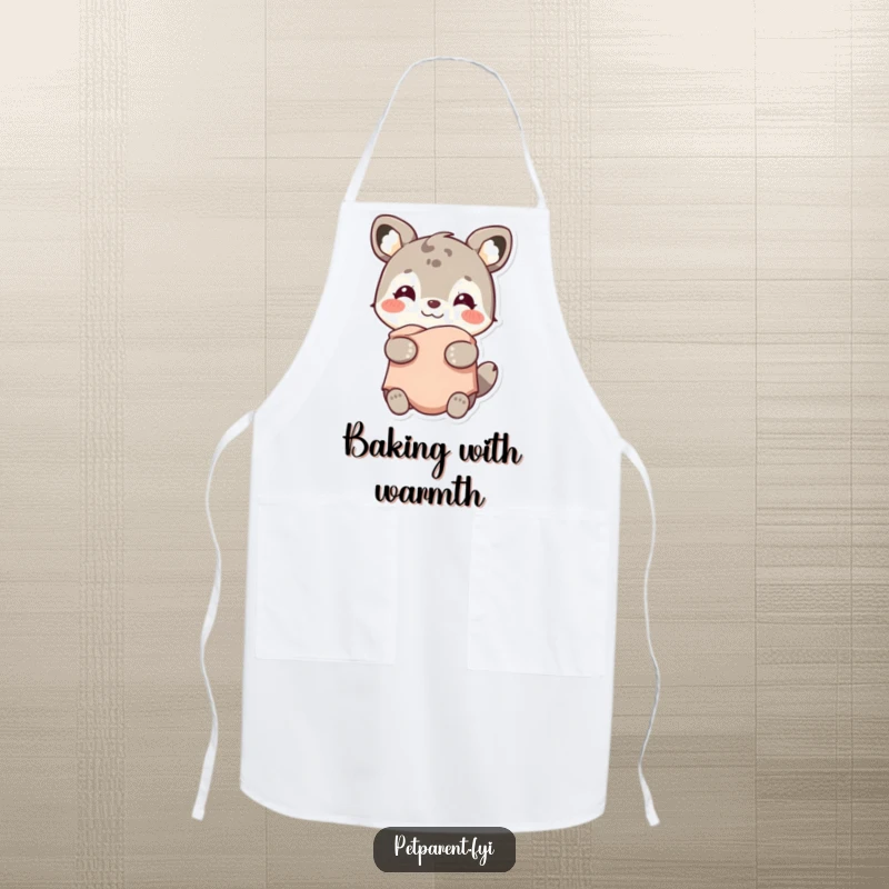 Funny apron showing a smiling animal character holding a warm blanket, a humorous kitchen accessory for cozy cooks.