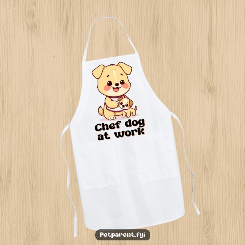 Funny dog apron showing a cute character in an apron happily feeding a smaller puppy, ideal for kitchen humor and dog parents.