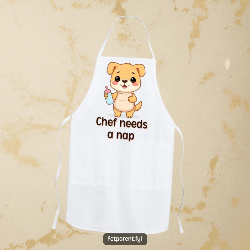 Funny apron with a happy dog wearing an apron and holding a baby bottle, ideal for humorous kitchen protection.
