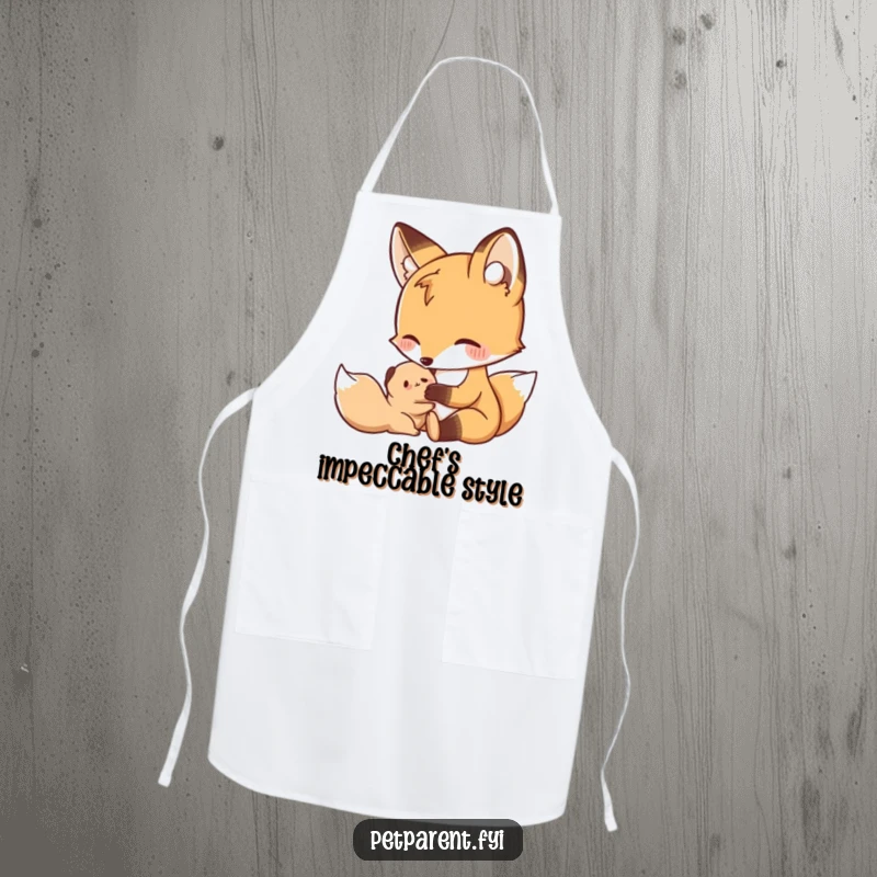 Funny Nurturing Fox Apron: A nurturing fox grooms a small creature, perfect for a funny kitchen gift.