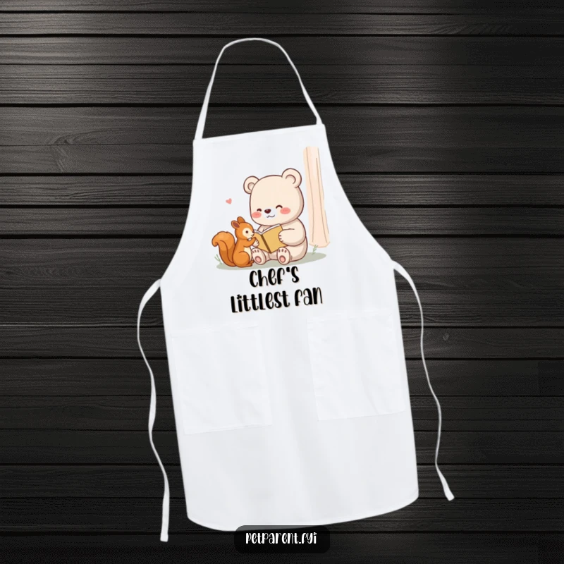 Funny apron showcasing a content bear reading a small book to a squirrel, ideal for cooking or reading.
