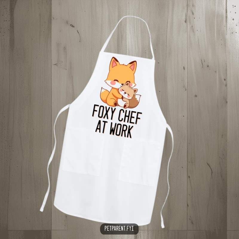 Funny fox hug apron, a caring fox character giving a warm hug to a smaller animal, humorous and practical kitchen wear.