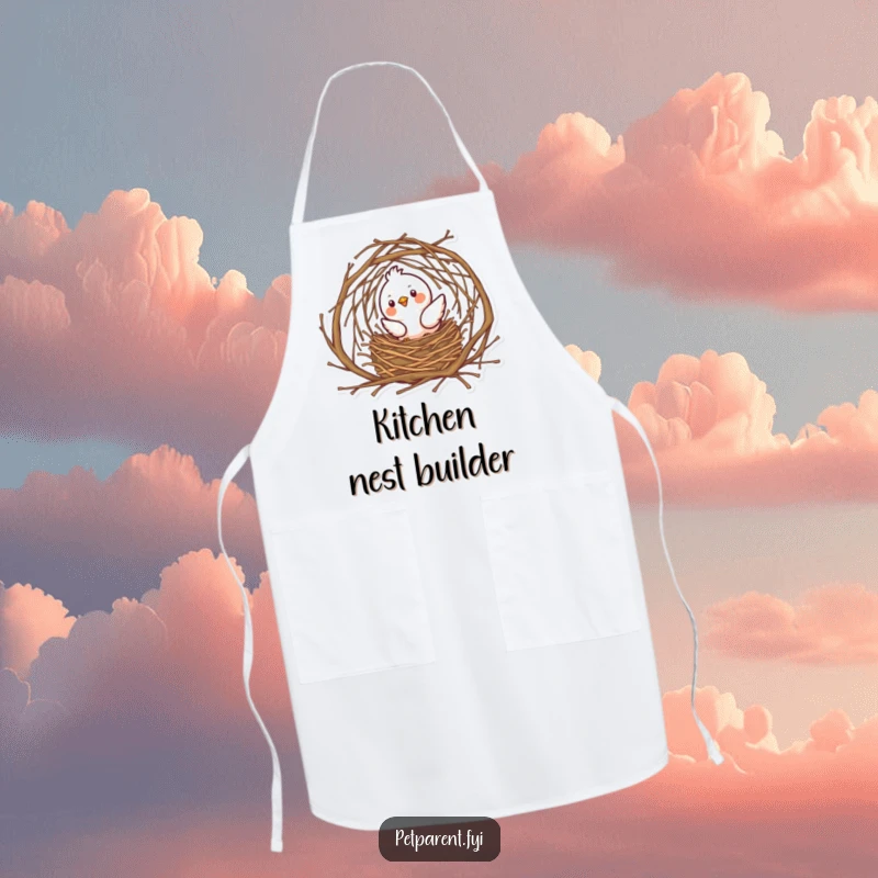 Funny bird character building an elaborate nest with twigs, featured on a practical and humorous apron.