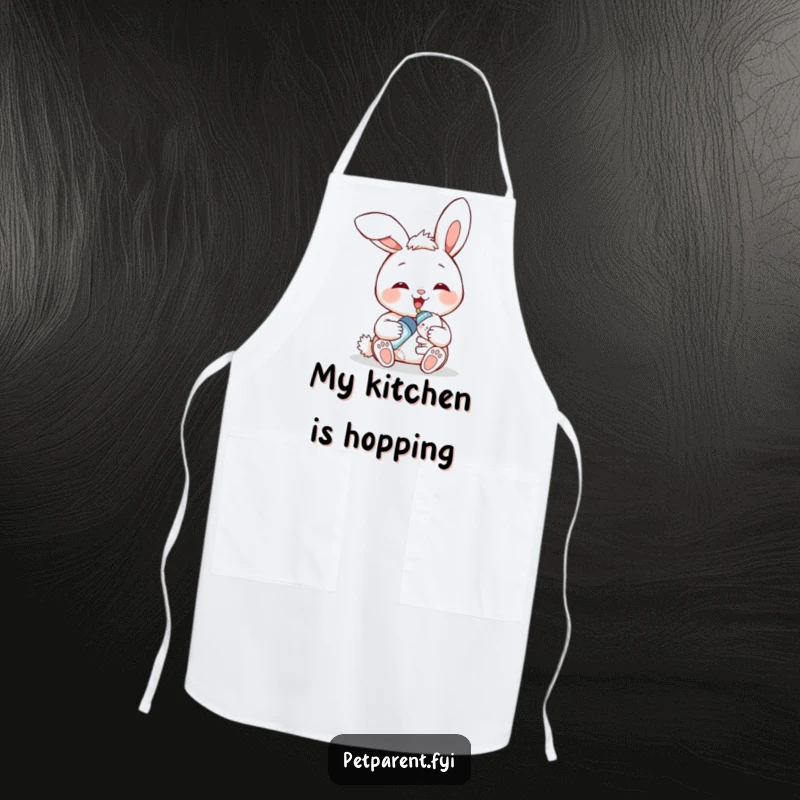 Funny bunny feeding apron, a smiling bunny character bottle-feeding a baby bunny, humorous kitchen wear for moms.
