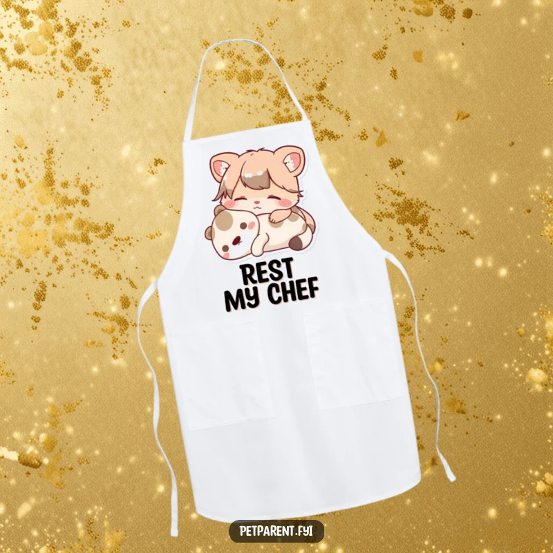 Funny Apron featuring a cute animal character resting peacefully with a pet. A superb funny gift for calm bakers and chefs.