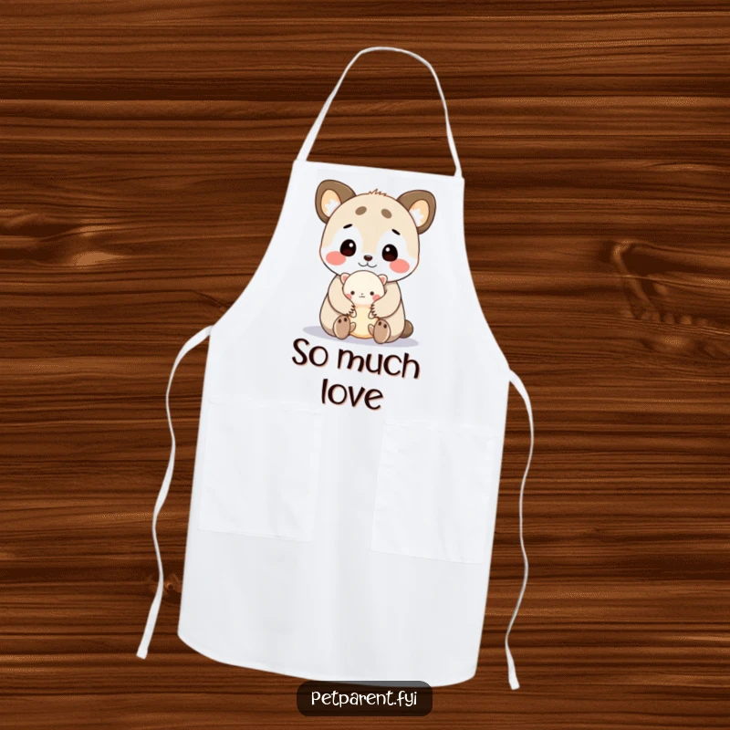 Funny apron with a cute animal character lovingly cuddling a tiny creature, humorously bringing sweetness to kitchen tasks.