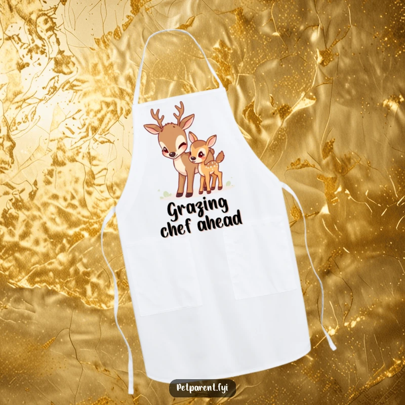 Funny deer apron showing a mother deer nudging her fawn, symbolizing gentle guidance and adding humor to kitchen activities.
