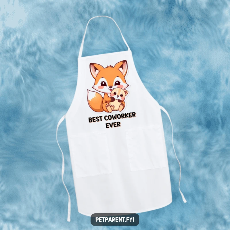 Funny apron illustrating a happy fox gently holding a tiny puppy while cooking, adding joy to meal prep.