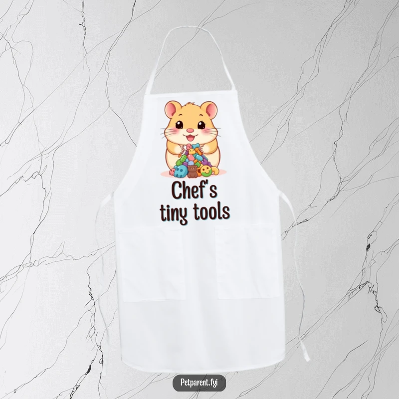 Funny apron depicting a happy hamster proudly presenting colorful pet accessories, adding humorous charm to your kitchen.