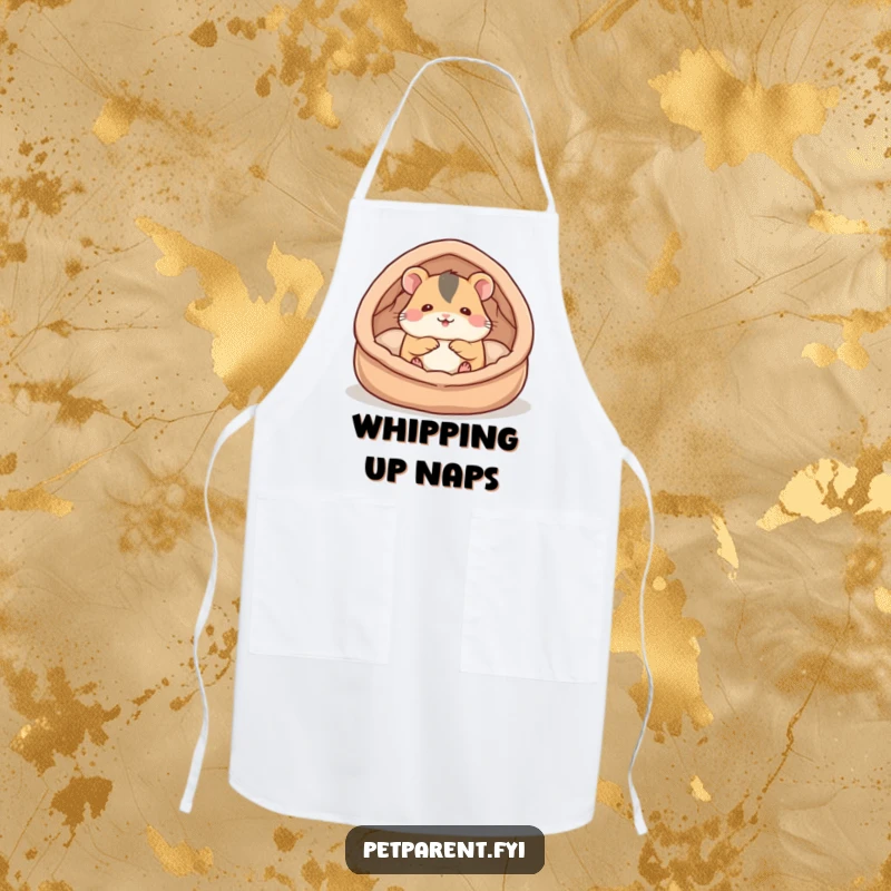 Funny hamster apron depicting a cute hamster character building a cozy bed, adding humor and charm to kitchen activities.