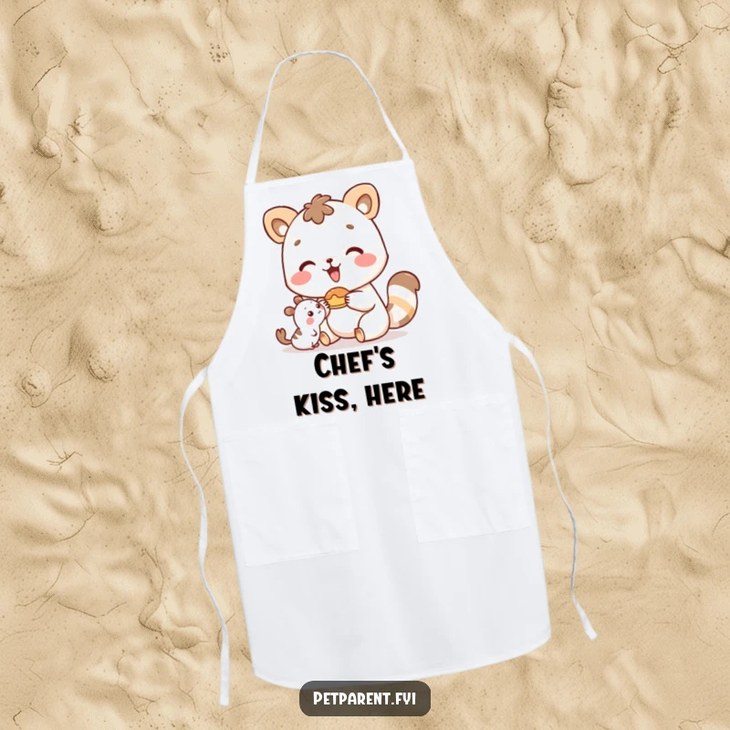 Funny happy animal character as a chef apron, offering food to a small friend, perfect for cooking.