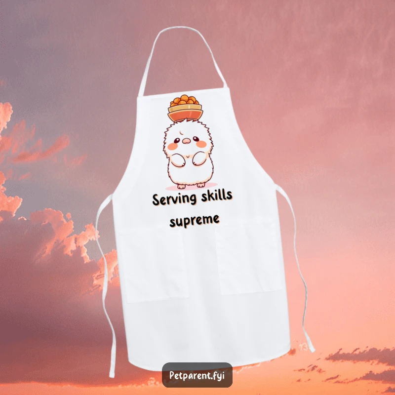 Funny apron showing a fluffy creature precariously balancing food bowls on its head, a humorous take on kitchen challenges.