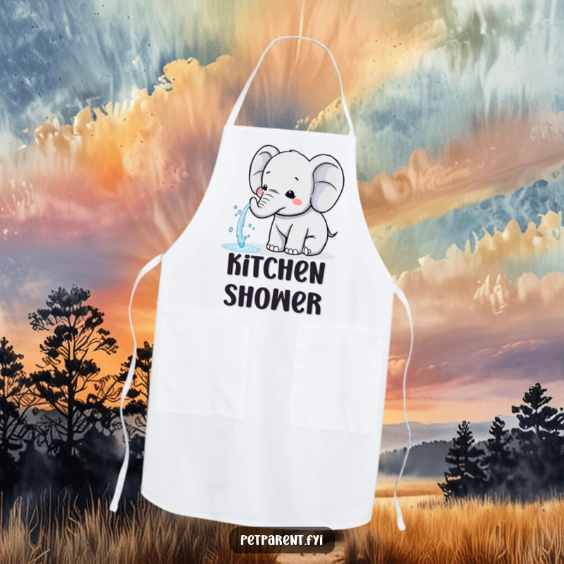Funny Kawaii Elephant Apron: A cute Kawaii elephant character spraying water for a friend, designed for fun kitchen activities.