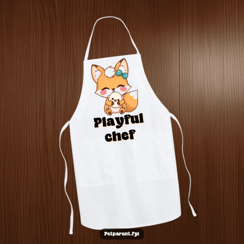 Funny Kawaii Fox Apron: A cute Kawaii fox character wearing an apron and holding a fluffy toy, ready for kitchen fun.