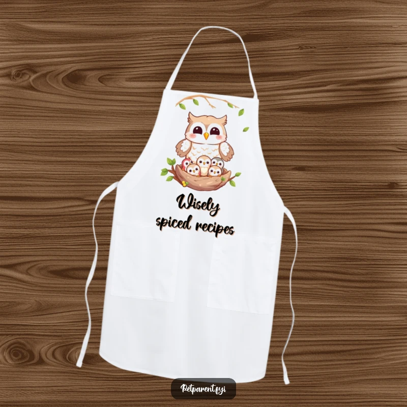 Funny owl apron depicting a happy owl character acting as a kitchen guardian over a nest of owlets, adding humor to cooking.