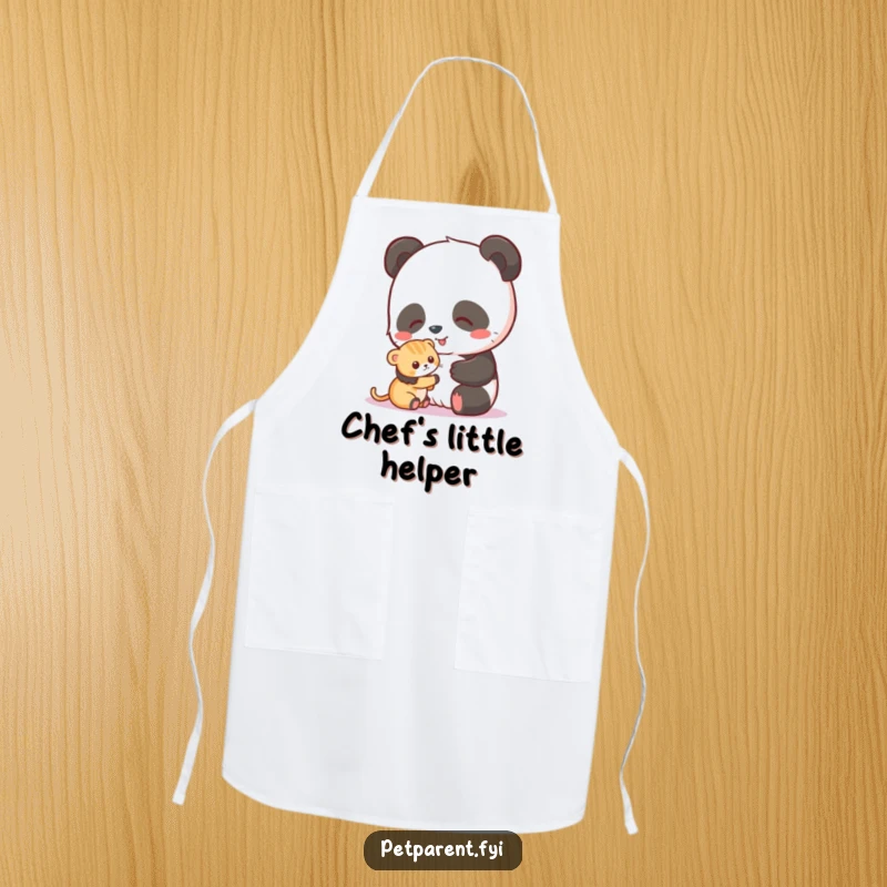 Funny apron illustrating a happy panda gently petting a small kitten, adding sweetness to meal prep.