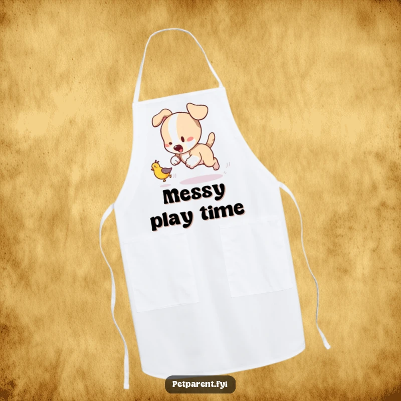 Funny kitchen apron with a playful puppy character chasing a tumbling baby bird, adding humor to cooking.