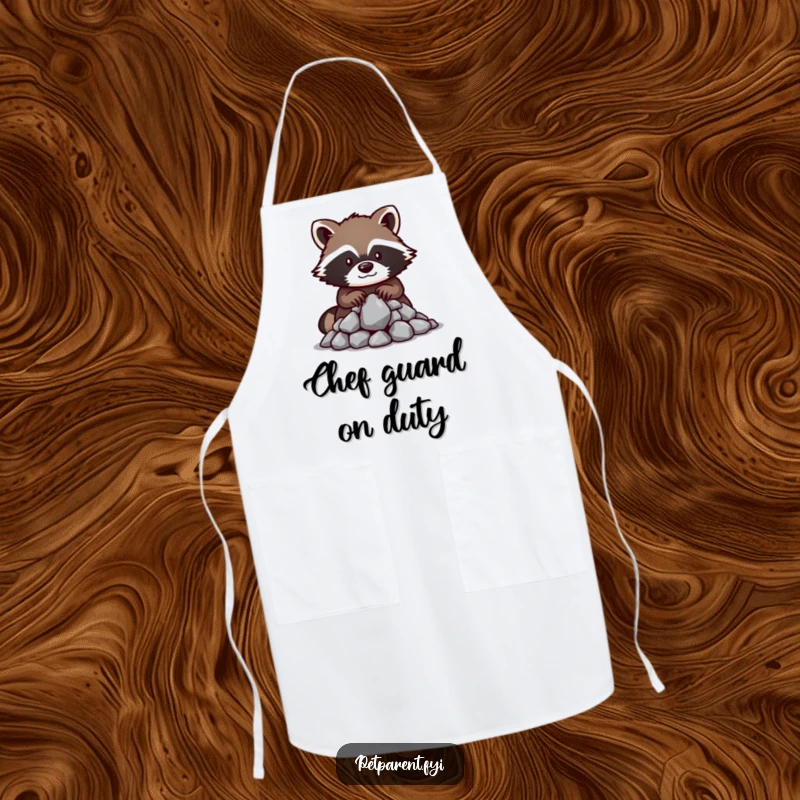 Funny raccoon apron depicting a protective raccoon character guarding shiny rocks, adding humor and charm to kitchen activities.