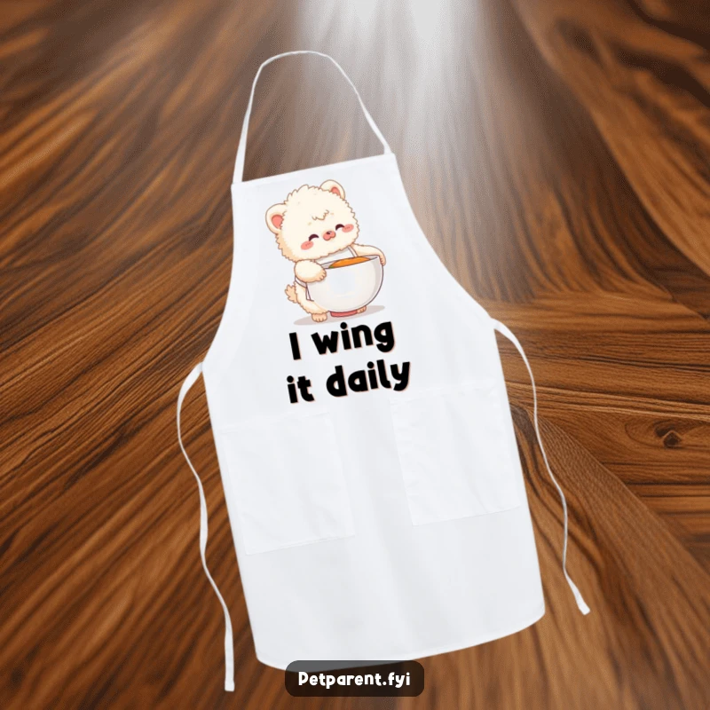 Funny apron showing a fluffy creature in a small apron fumbling with a giant food bowl, a humorous take on cooking.