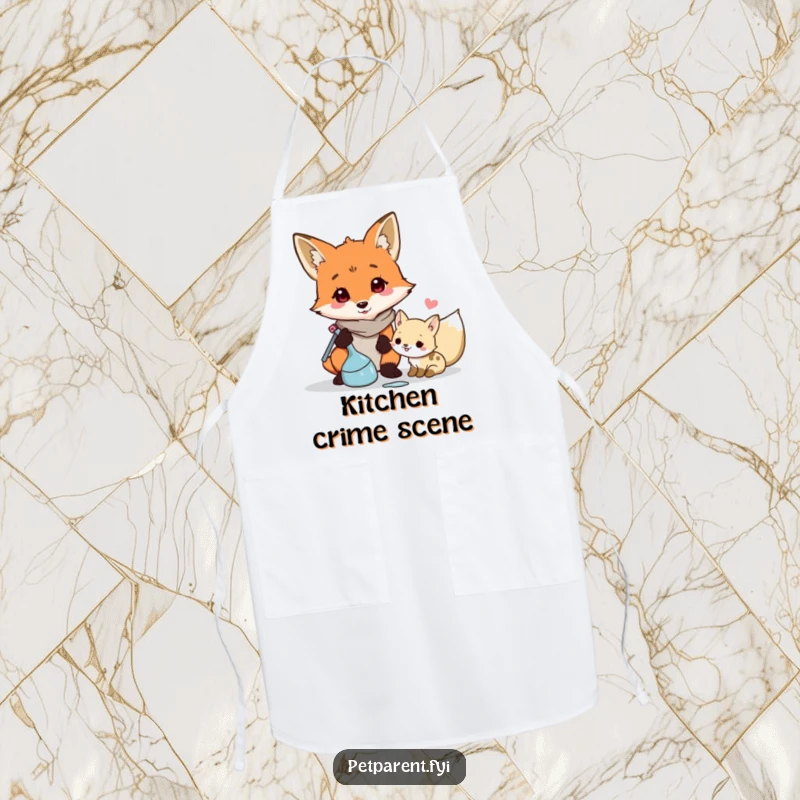 Funny and responsible cartoon fox character cleaning up, featured on a durable kitchen apron.