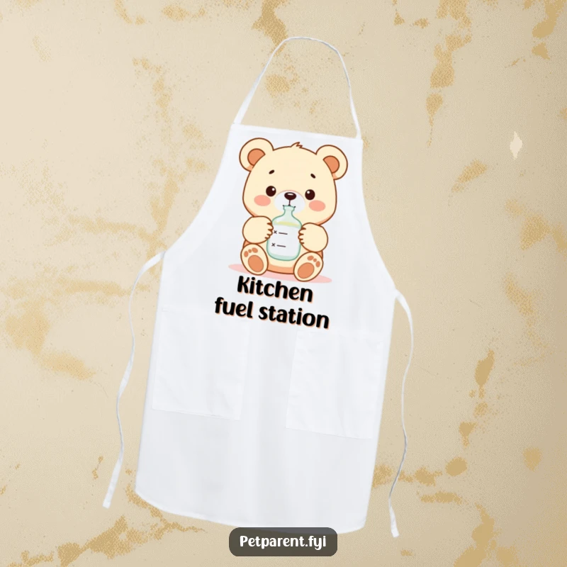 Funny and cute cartoon bear character feeding a baby with a bottle, featured on a durable kitchen apron.