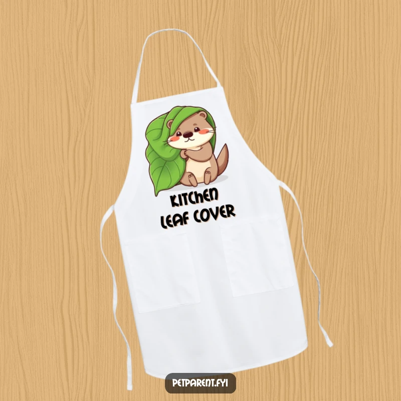 Funny cooking apron featuring a whimsical otter using a large leaf as a makeshift blanket, adding a touch of humorous nature to culinary tasks.
