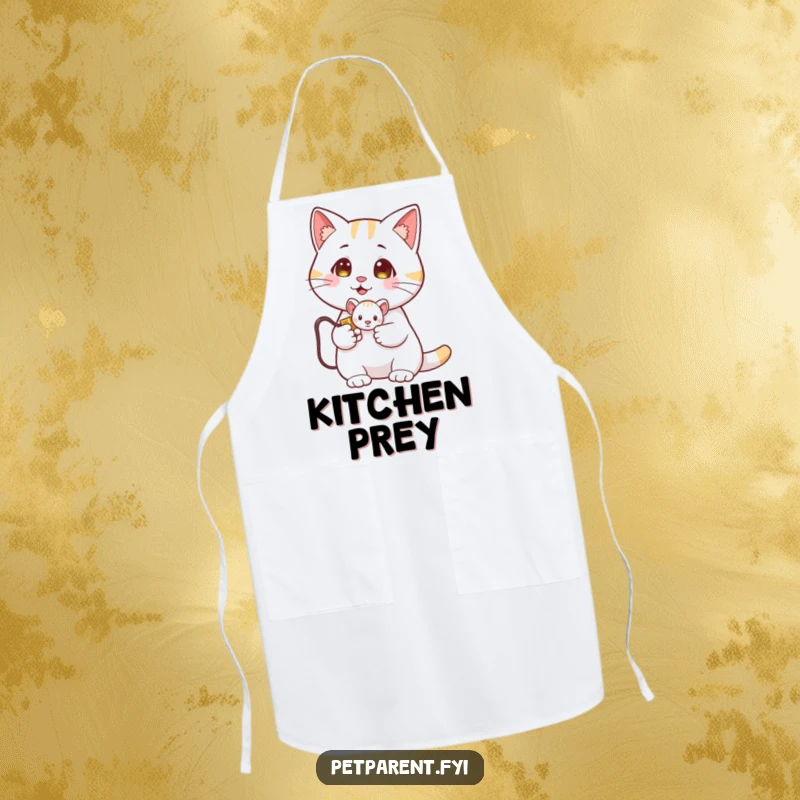 Funny Cat Apron: A proud cat holds a tiny toy mouse while you cook. A humorous kitchen accessory.