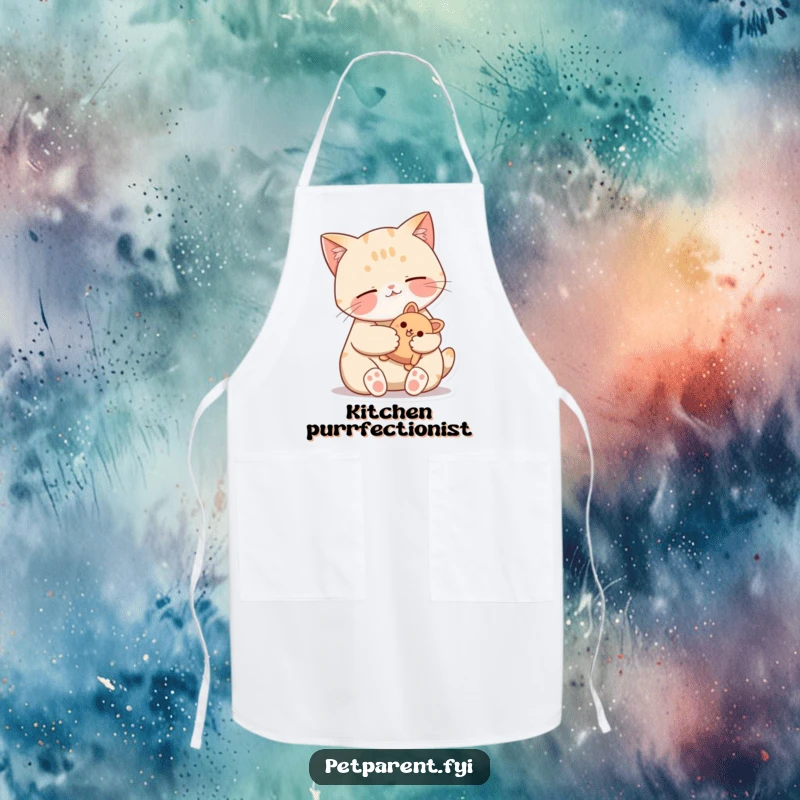 Funny Cat Apron showing a contented cat purring with a stuffed toy, bringing humor and cozy charm to kitchen activities.