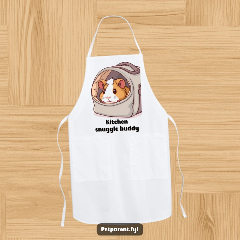 Funny apron depicting a content guinea pig peeking from a cozy carrier bag, adding humorous charm to your kitchen.