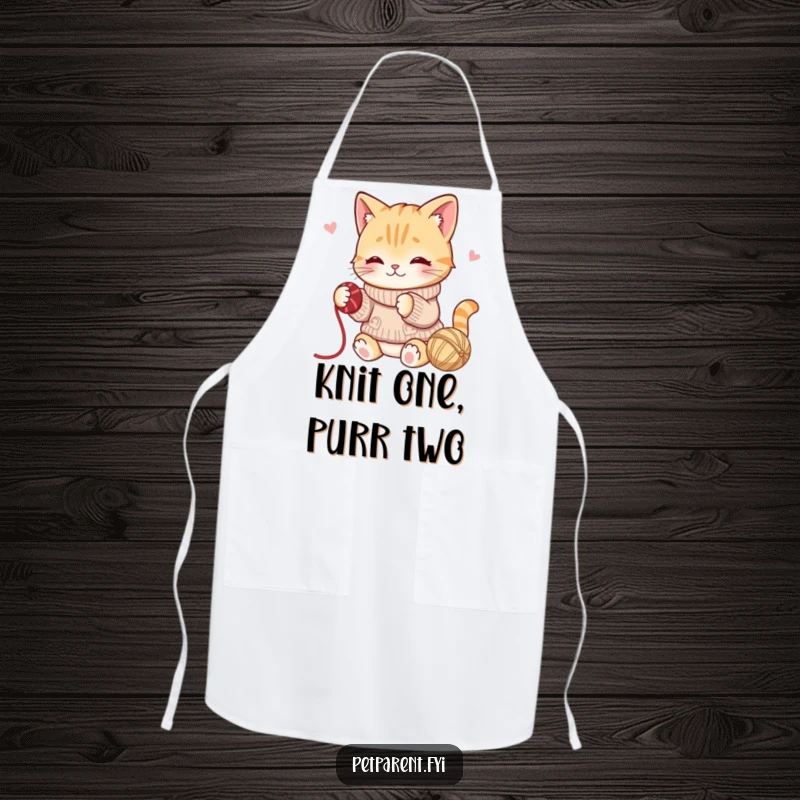 Funny apron with a playful cat character in a sweater batting yarn, ideal for crafting or cooking with a cheerful spirit.