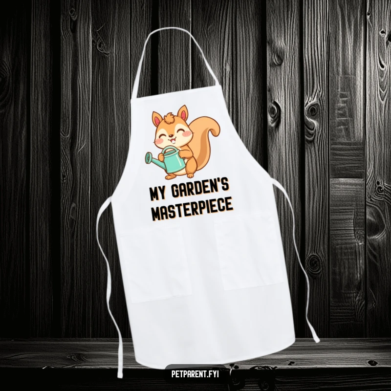 Funny apron showcasing a happy squirrel with a watering can, ideal for cooking or gardening tasks.