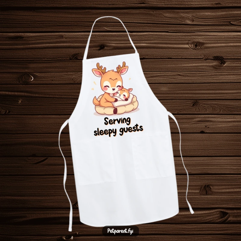 Funny apron featuring a deer offering a bed, perfect for kitchen use with a humorous animal theme.