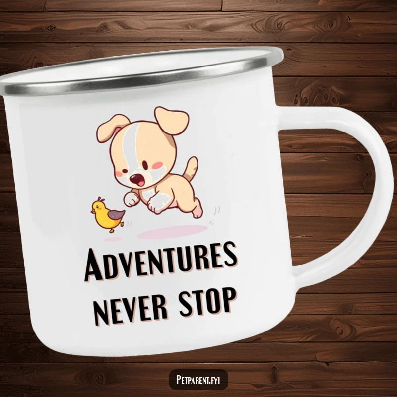 Funny enamel camping mug with a playful puppy character chasing a tumbling baby bird, ideal for outdoor humor.