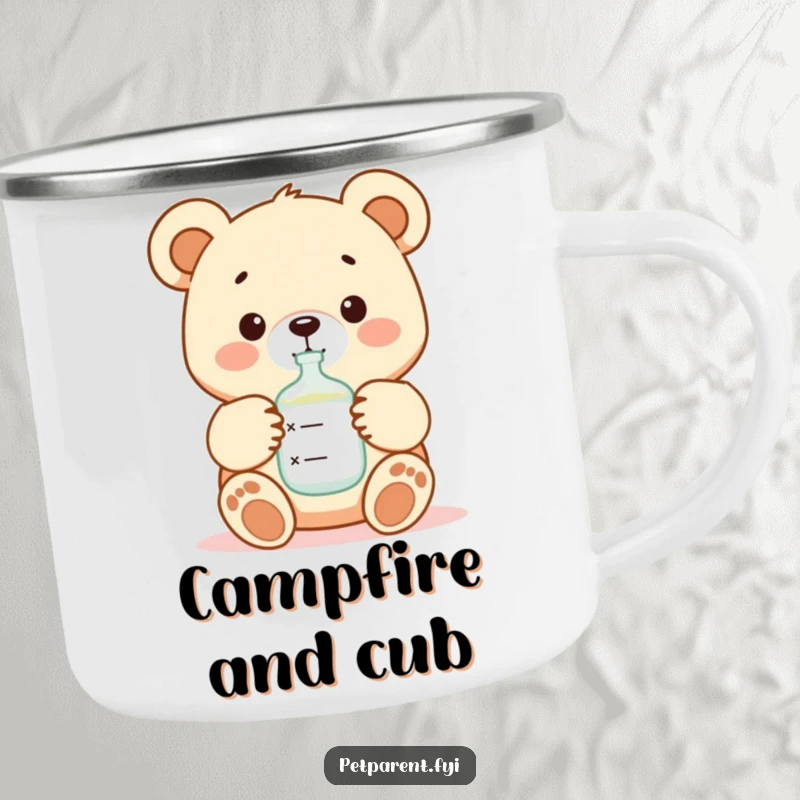 Funny bear character feeding a baby with a bottle on a durable enamel camping mug, perfect for outdoor enjoyment.