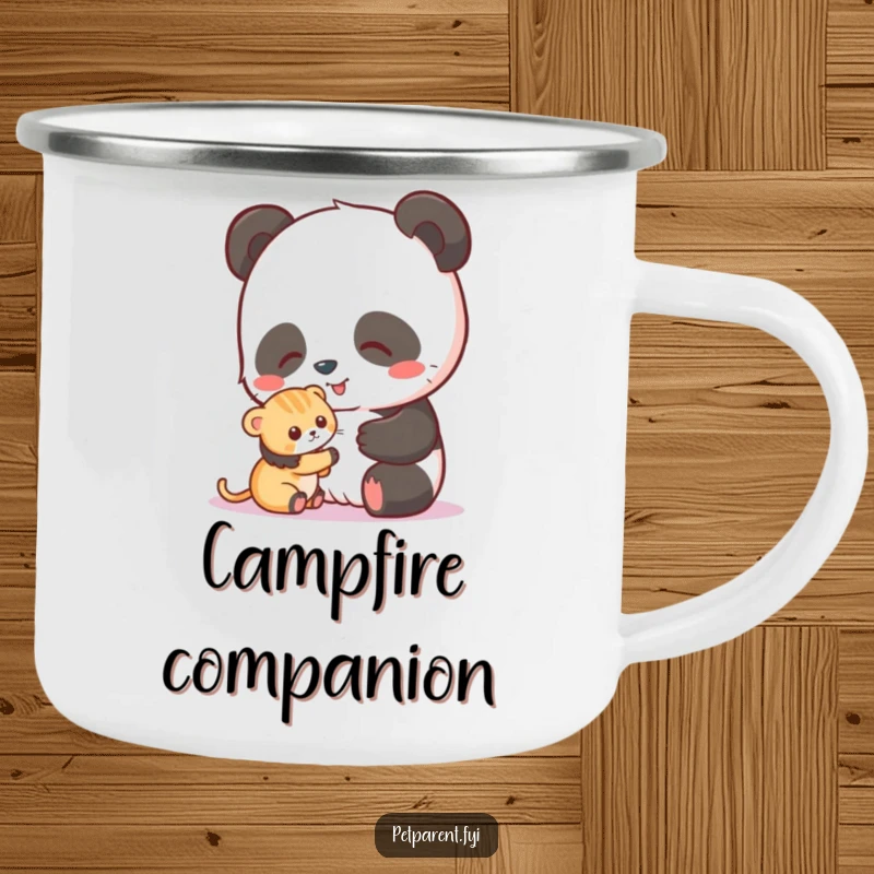 Funny camping mug with a heartwarming scene of a panda gently petting a small kitten, ideal for outdoor enjoyment.