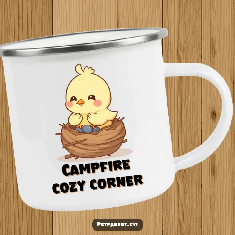 Funny cheerful bird character building a cozy nest on a camping mug, perfect for outdoor humor and functional use.