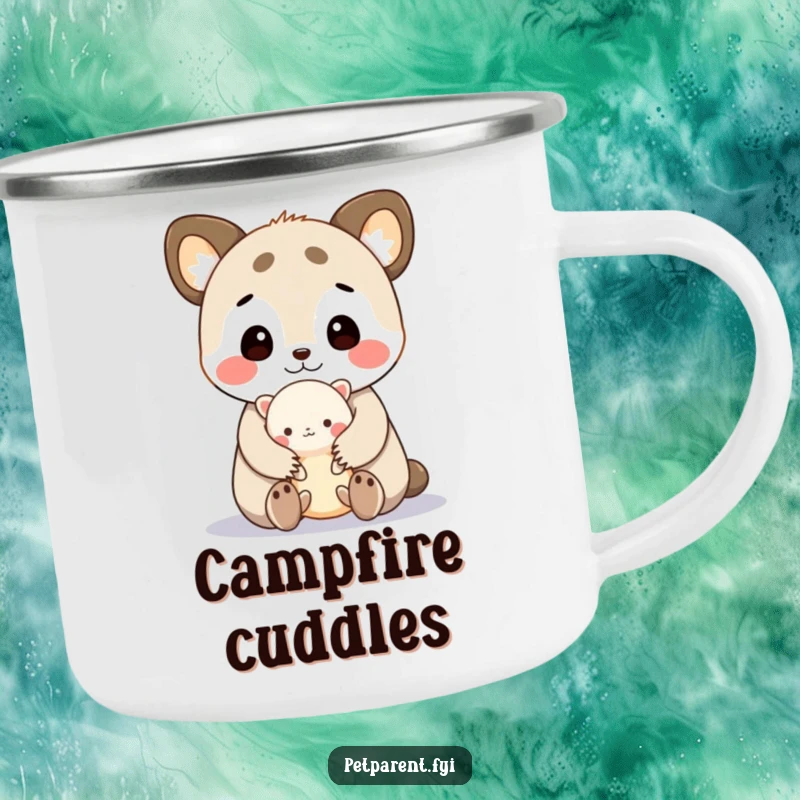 Funny camping mug with a cute animal character cuddling a tiny creature, humorously embodying warmth and affection during outdoor adventures.