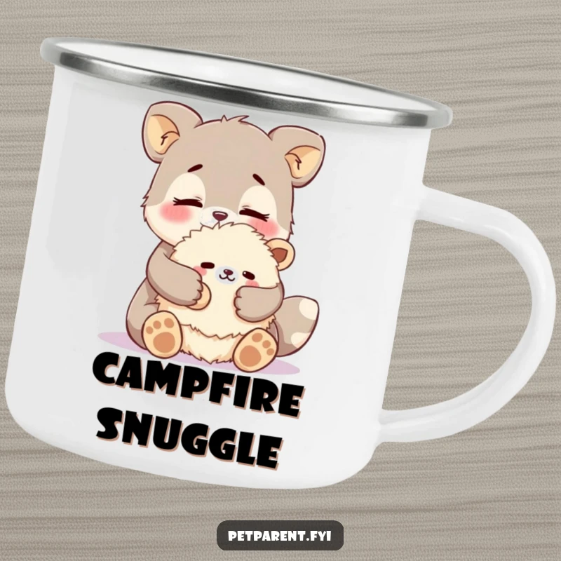 Funny affectionate animal camping mug showing a character cuddling a fluffy stuffed animal. Humorous outdoor gift.