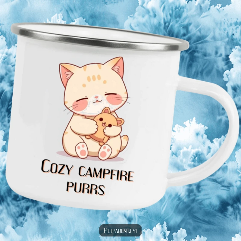 Funny Cat Camping Mug showing a contented cat purring with a stuffed toy, ideal for humorous outdoor sipping and relaxation.