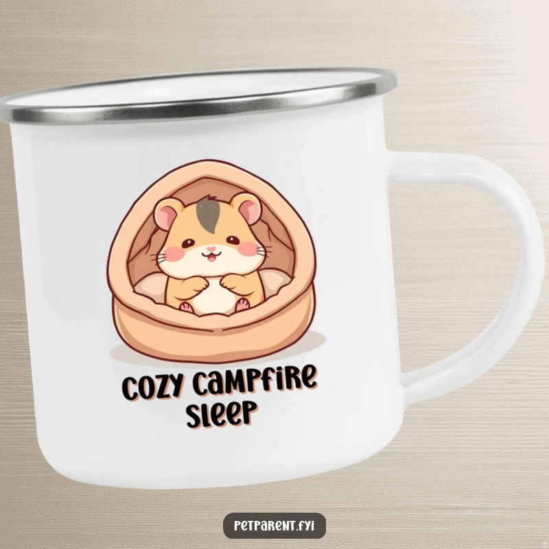Funny hamster camping mug showing a cute hamster character building a cozy bed, perfect for enjoying beverages in nature.
