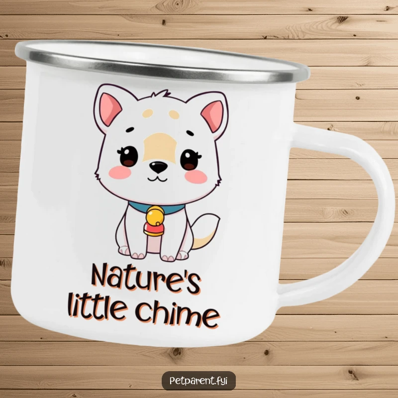 Sturdy funny camping mug with a character wearing a jingling bell collar, perfect for outdoor enthusiasts and pet lovers.