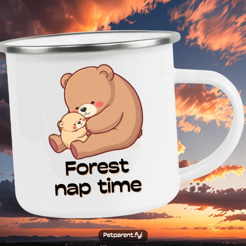 Funny bear hug camping mug, nurturing bear character gently rocking a small cub, rugged and humorous for outdoor use.