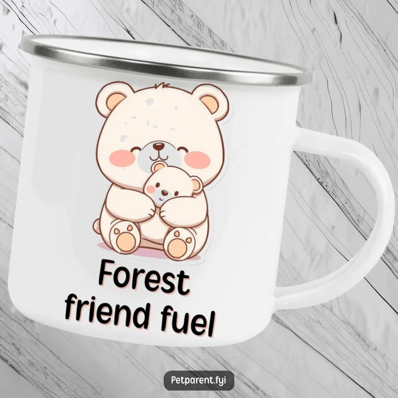 Funny Camping Mug: A cheerful bear nuzzles a teddy bear, a humorous and durable mug for outdoor enjoyment.