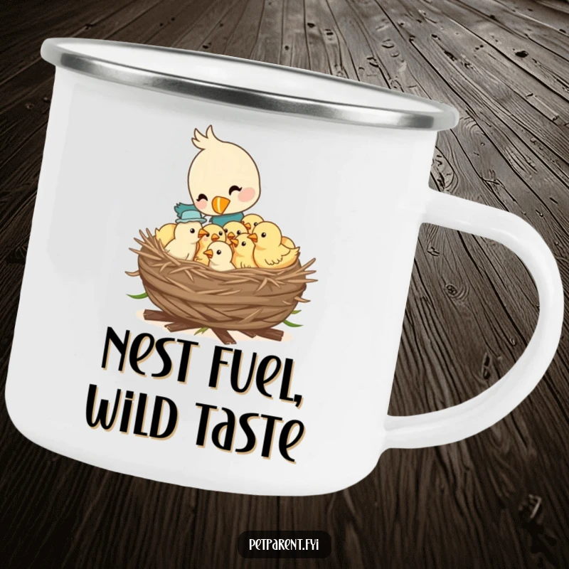 Funny enamel camping mug featuring a bird character feeding a nest full of hungry chicks, perfect for outdoor trips and cheerful sips.