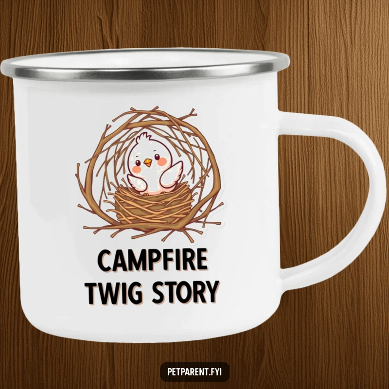 Funny bird character building a twig nest on a durable camping mug, perfect for nature lovers.