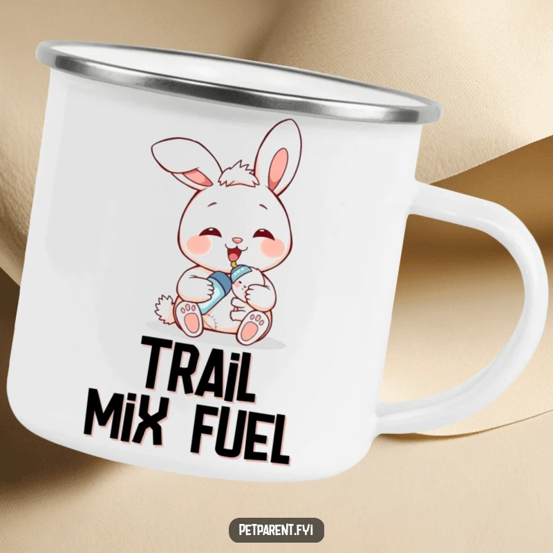 Funny bunny camping mug, smiling bunny character bottle-feeding a baby bunny, durable and humorous for outdoor enthusiasts.