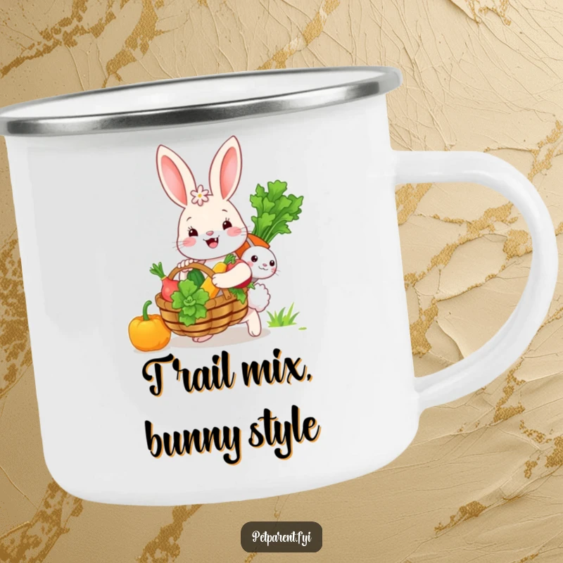 Funny bunny character carrying a basket of vegetables on a durable camping mug, perfect for outdoor enthusiasts.