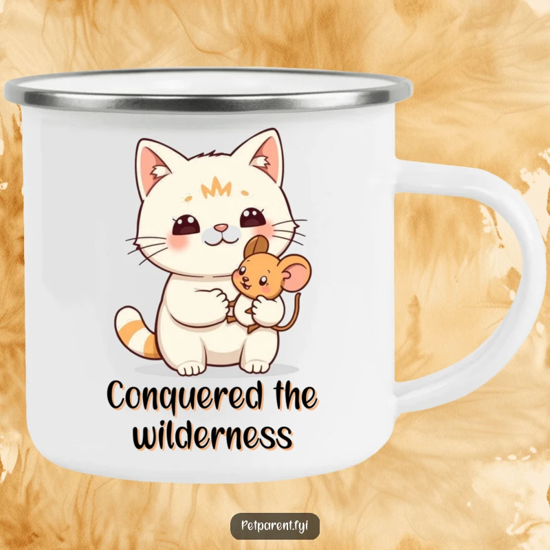 Funny camping mug featuring a proud cat character holding a tiny toy mouse, designed for humorous outdoor celebrations.