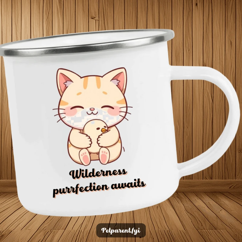 Funny Camping Mug: A cat gently cradles a sleepy bird, a humorous and sturdy mug for your outdoor excursions.