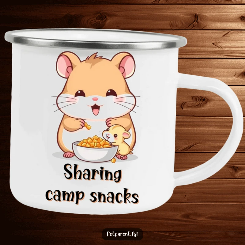 Funny Cheerful Hamster Camping Mug: A cheerful hamster shares food with its offspring, perfect for family outdoor fun.